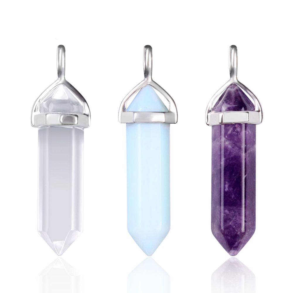 Quartz Point Pendant Natural Stone Crystal Agate Bullet Hexagon Pillar Necklace Pendant
