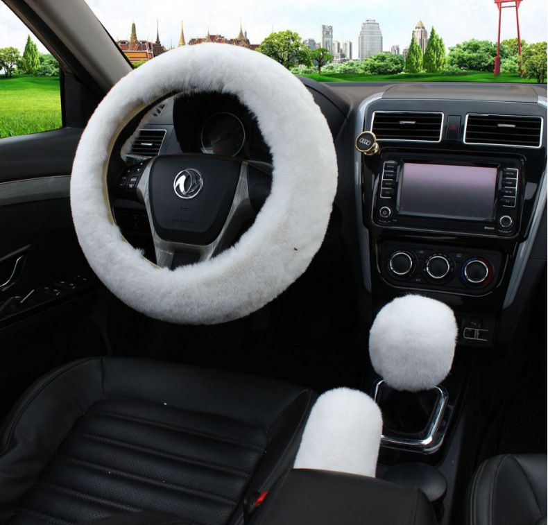 Soft Plush Spring Steering Wheel Cover Kit With Stop Lever+Hand Brake Wool Cover Winter Warm Auto Car Interior Accessory