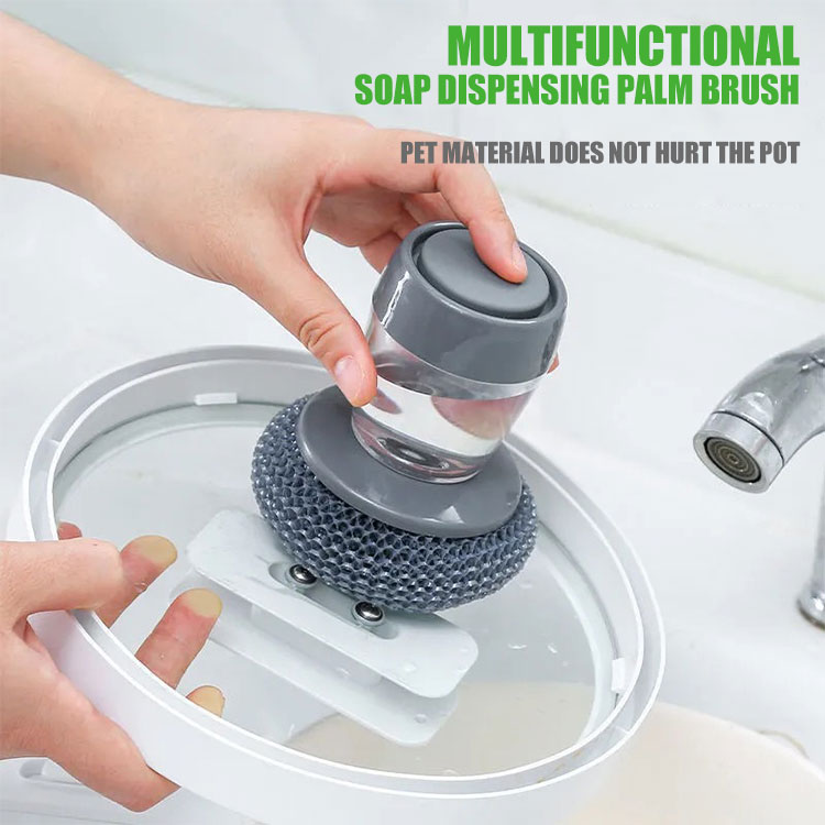 Kitchen Soap Dispensing Palm Brush Automatic Liquid Adding PET Ball Pot Brush Cleaner Push-type Brush Kitchen Detergent Tools