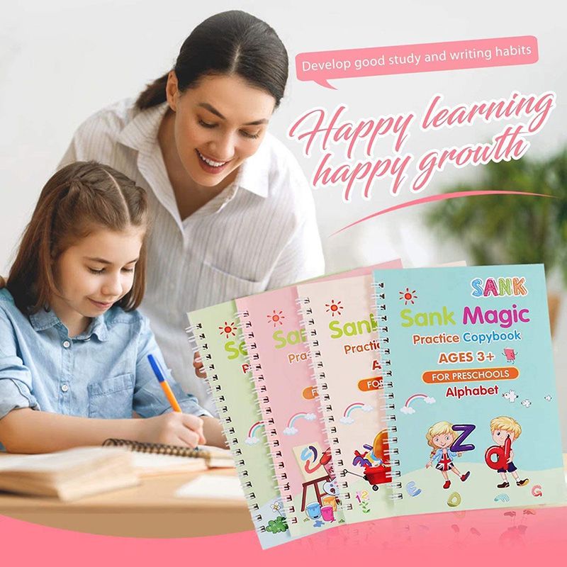 Children's Magic Book 4 Volumes/sets of Reusable 3D Magic Practice Notebooks Large Size Calligraphy Copybook English Numbers