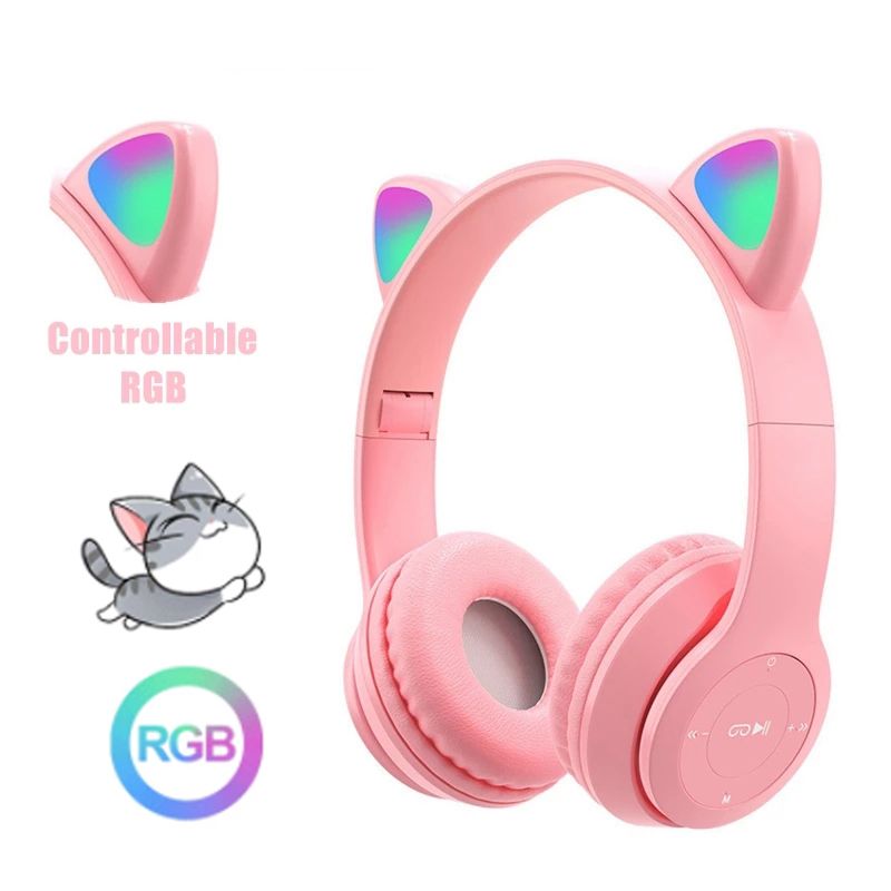 Wireless Headphones Cat Ear with Mic Blue-tooth Glow Light Stereo Bass Helmets Children Gamer Girl Gifts PC Phone Gaming Headset