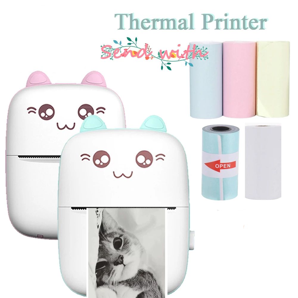 Portable Thermal Printer MINI CAT Print Photo Pocket Thermal Label Printer 58mm Printing Wireless Bluetooth Android IOS Printers