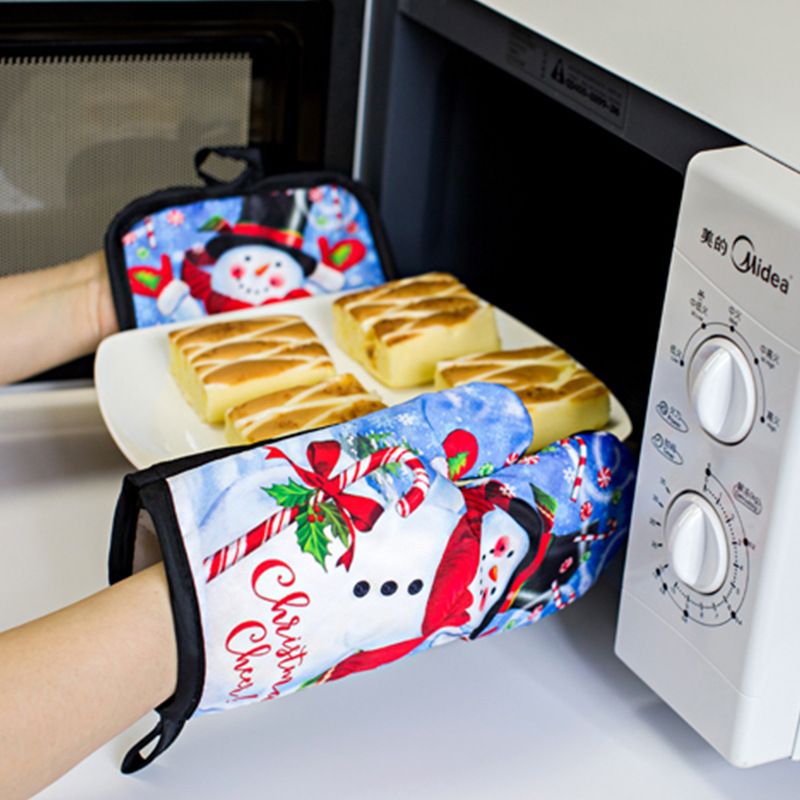 Christmas Gift 2pc/set Non-slip Microwave Baking BBQ Glove Cotton Cute Oven Mitts Heat Resistant Linen Potholders Kitchen Cooking Tools Mitten