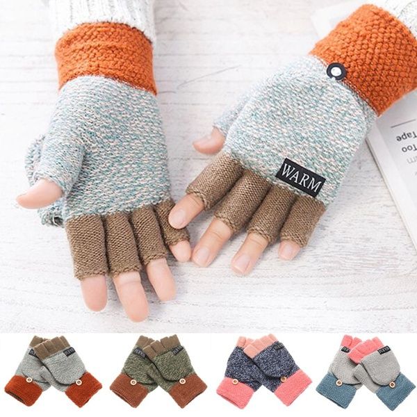 2022 New Men Women Winter Warm Thickening Wool Gloves Knitted Flip Half Finger Gloves Mitten
