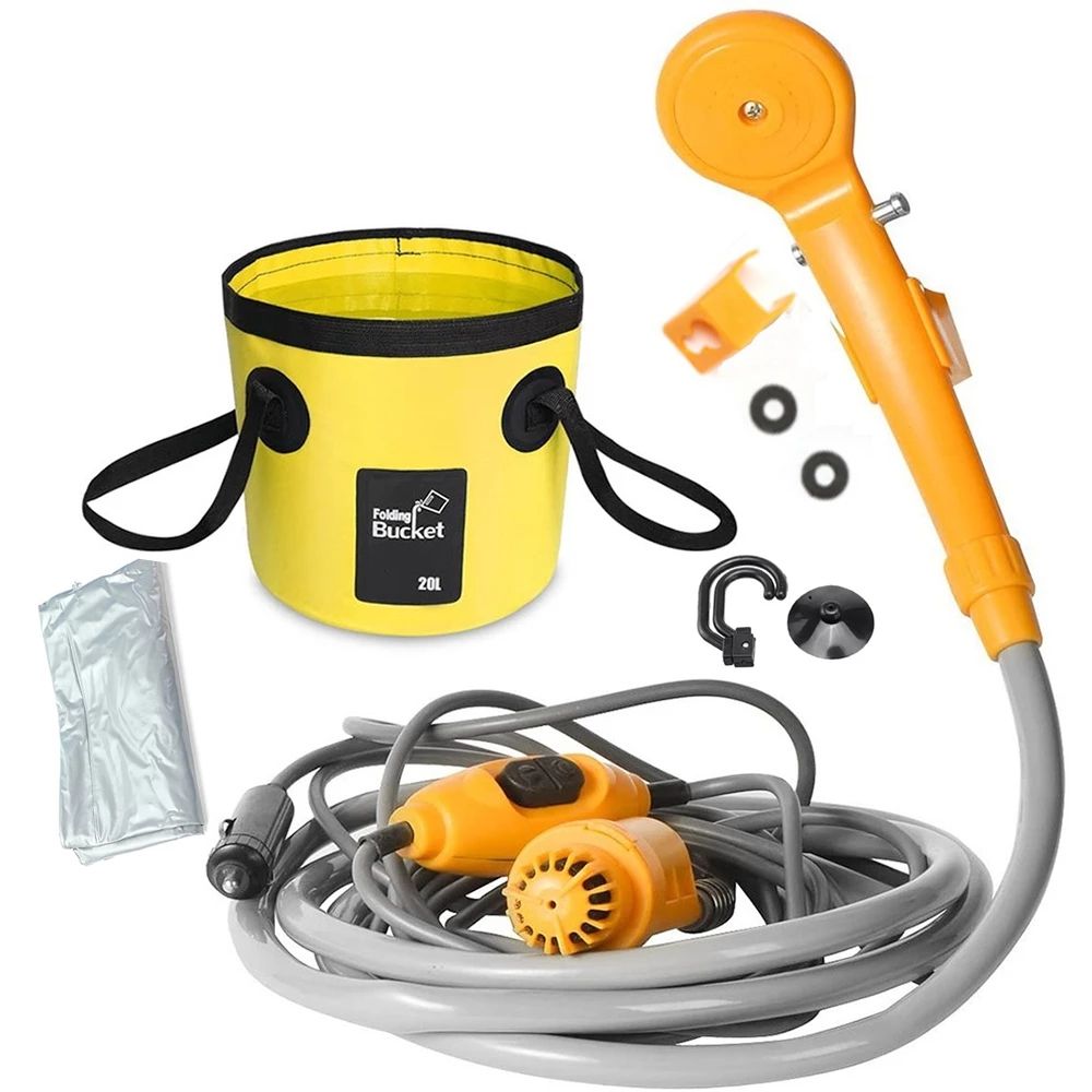 Portable Camping Shower Outdoor Car Washer Hiking Shower 12V Electric Pressure Pump With 20L Bucket Set Plant Watering Pet Clean