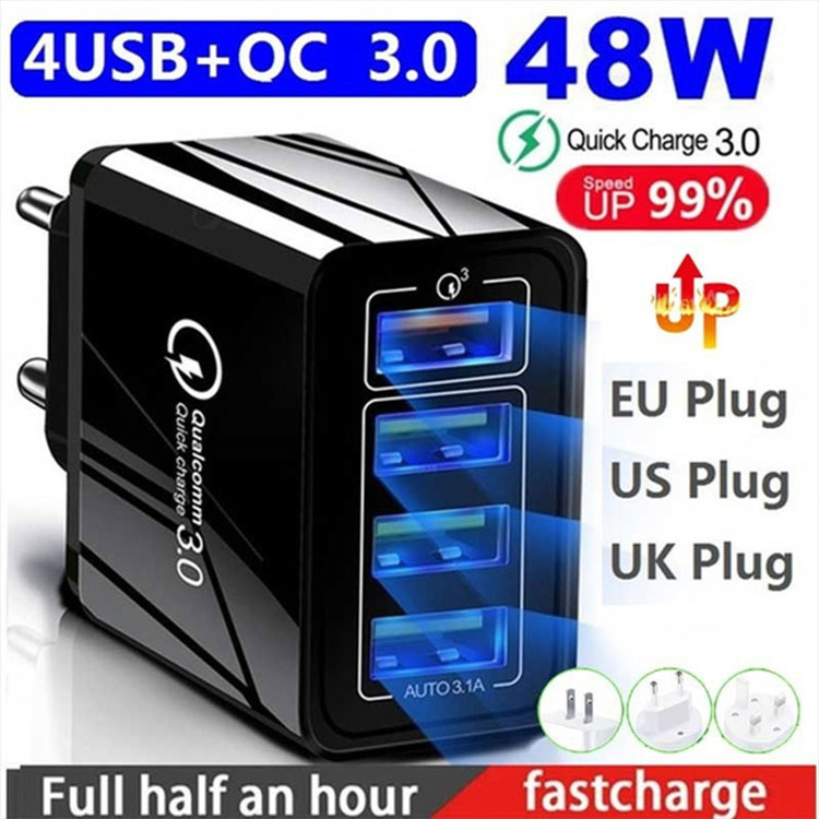 2022 Upgrade 48W 4 Ports Adapter QC 3.0 Quick Charge 3.0 USB Charger EU/US/UK Plug Wall Mobile Phone Fast Charger Home Wall Charger Travel Adapter 10Colors