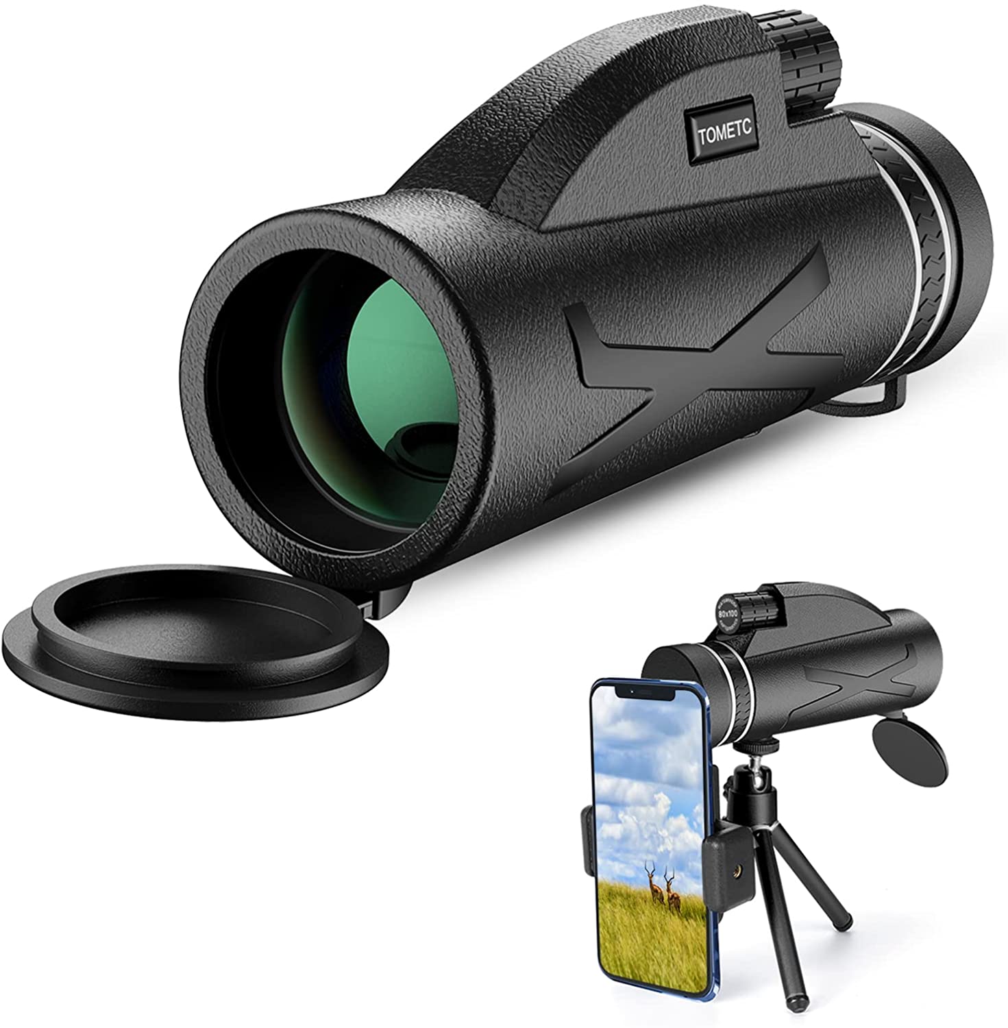 80x100 High Power Prism Monocular HD Dual Focus Scope Portable Waterproof Fogproof with Smartphone Holder & Tripod for Bird Watching Hunting Camping Travelling Wildlife Secenery