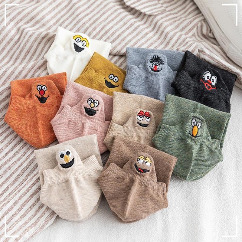 10 Pairs Spring Women's Ankle Socks Kawaii Cartoon Smile Face Embroidery Summer Funny Expression Cute Cotton Female Short Socks