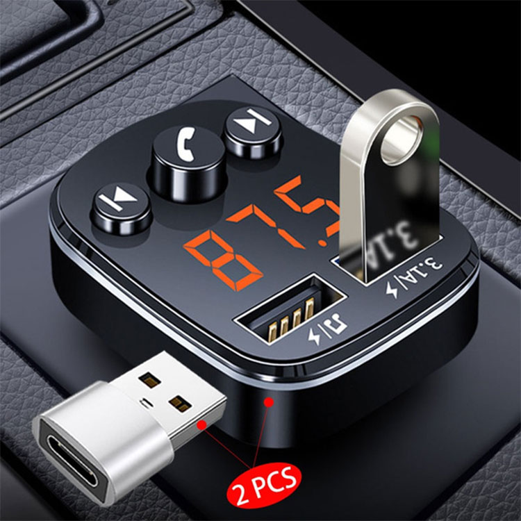 Bluetooth version 5.0 FM Transmitter Car Player Kit Card Car Charger Quick with QC3.1 Dual USB Voltmeter & AUX IN/OUT DC 12/24V with Adapter Converter