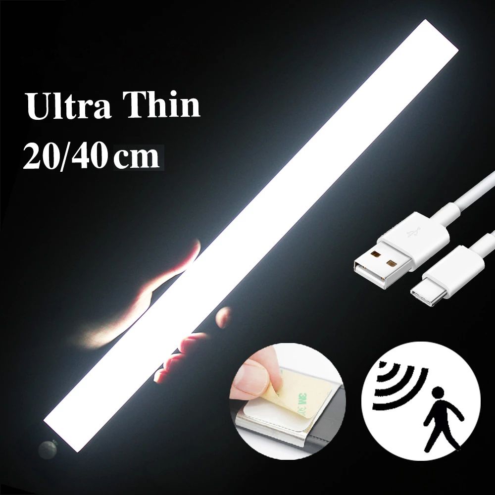 LED Kitchen USB Cabinet Light Ultra Thin 20/40 Rechargeable PIR Motion Sensor Closet Wardrobe Lamp Aluminum Night Light