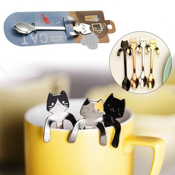 4 colors, 1 cute little cats, long spoon tableware, kitchen gadgets Creative gift spoon