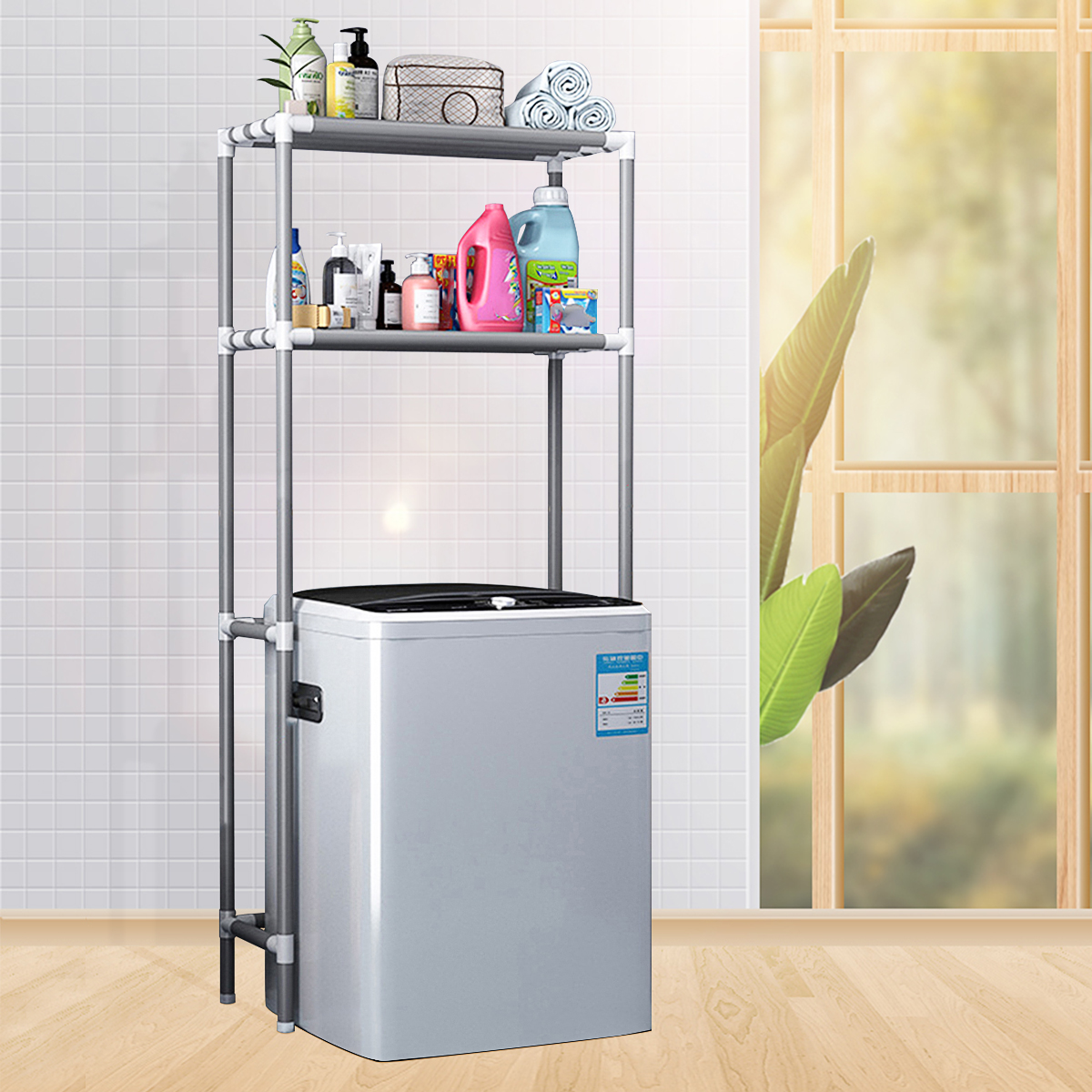 2 Tiers Over Washing Machine Rack Metal Shelving Stand Bathroom Kitchen Storage Shelf Space Saver Shelf Organizer Bath Towels Shampoo Shower Gel Holder