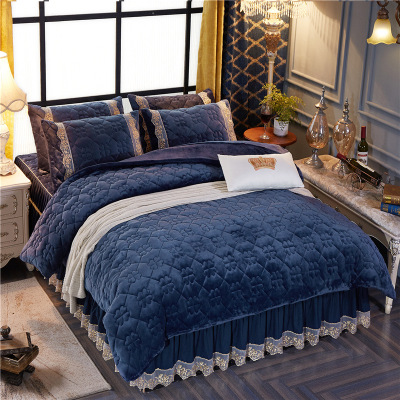 Winter warm padded bed skirt velvet four pieces