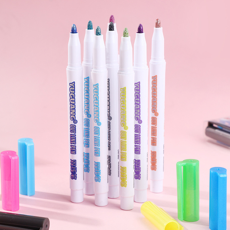 8pcs/set Double Line Contour Pen Glitter Color Fluorescent Marker Pen Metal Color Pen Handwriting Outline Pen Color Fluorescent Markers Office School Stationery Art Supplies