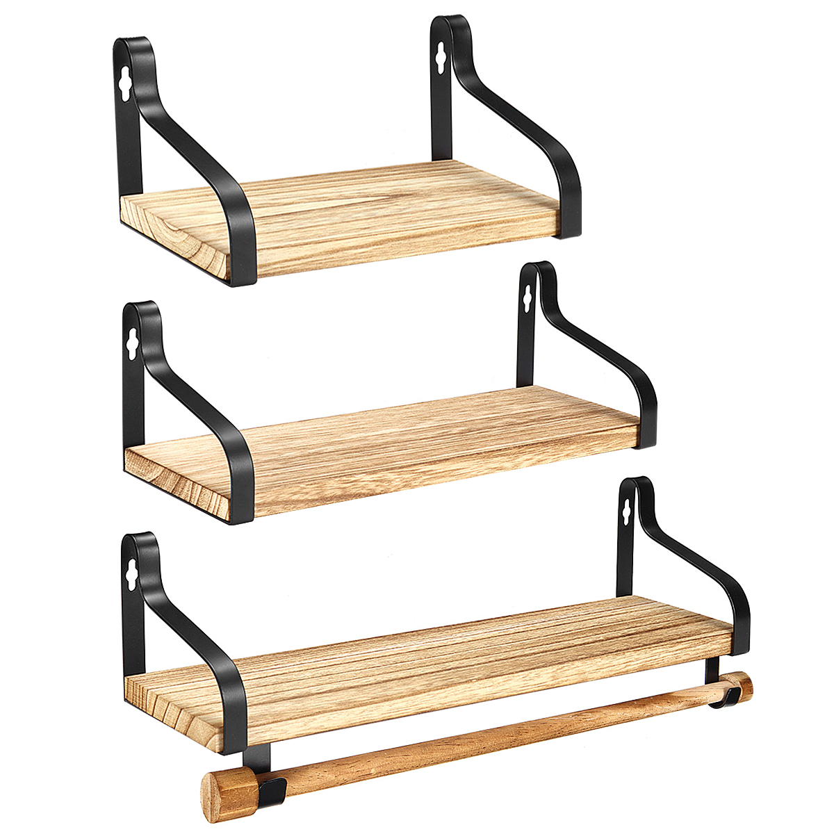 Wrought Iron Wall Shelf Three Layers Wooden Storage Rack With Hooks Plants Toys Accessories Storage Bedroom Kitchen Decoration