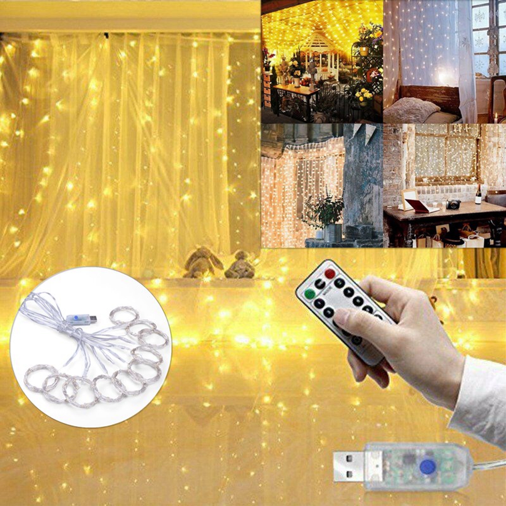 3Mx3M Outdoor USB 8 Modes 300LED Curtain String Light Fairy Christmas Wedding Lamp Festival Holiday Decor