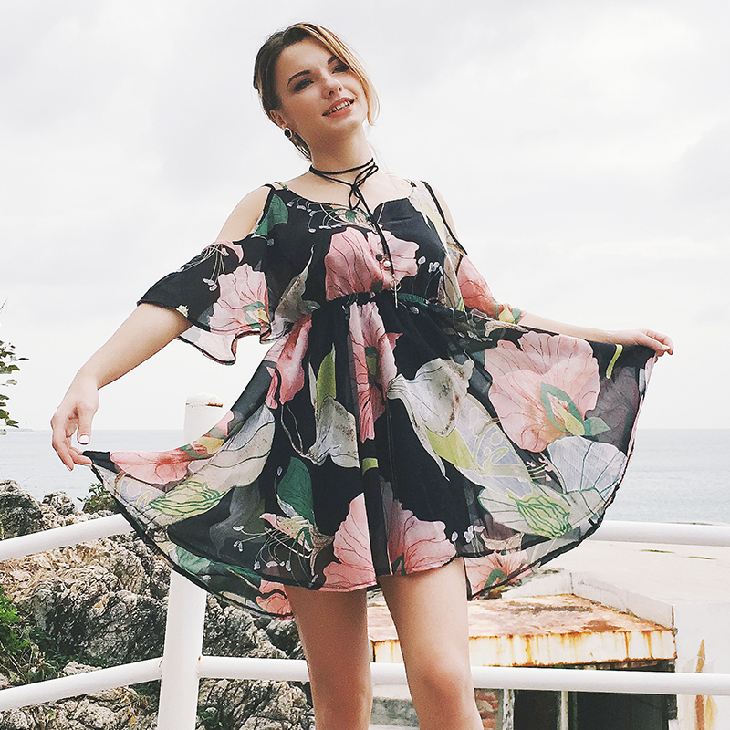 USA SIZE Europe and the United States large size V-neck off-the-shoulder dress skirt print waist ruffled chiffon dress beach skirt