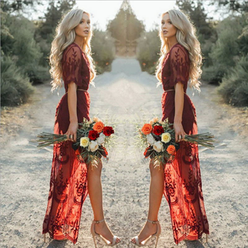 Sexy Deep V-neck Short Sleeve Lace Perspective Tight-Sleeve Dress Maxi Dress