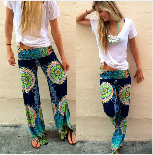 Sexy Women Printed Floral Wide Leg Long Stretch Pants Loose Trousers Swimming Pants