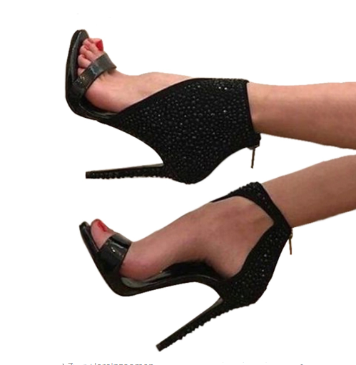 Sexy high-heeled female Roman shoes rhinestones Black sandals cool boots