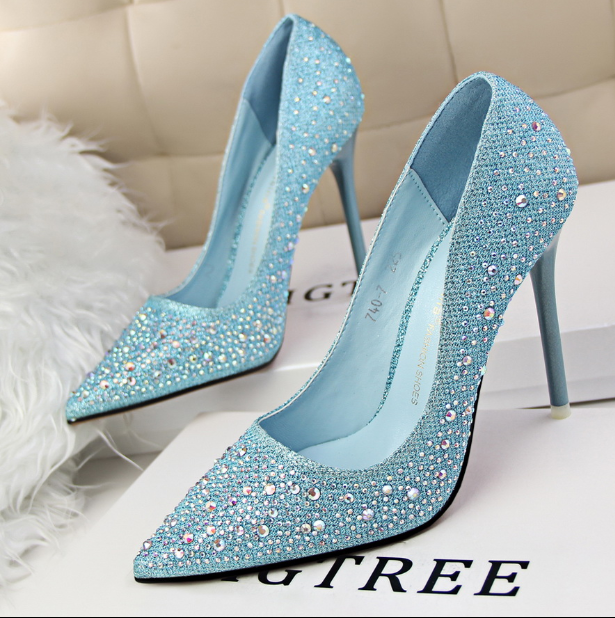 Spring new high heel women's fine with gold pointed wedding shoes crystal evening dress red shoes silver bridal shoes