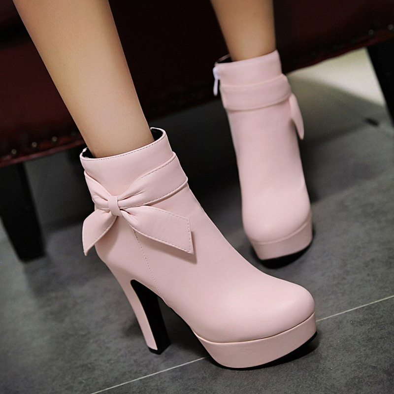 Bow thick and high waterproof platform women's ankle boots