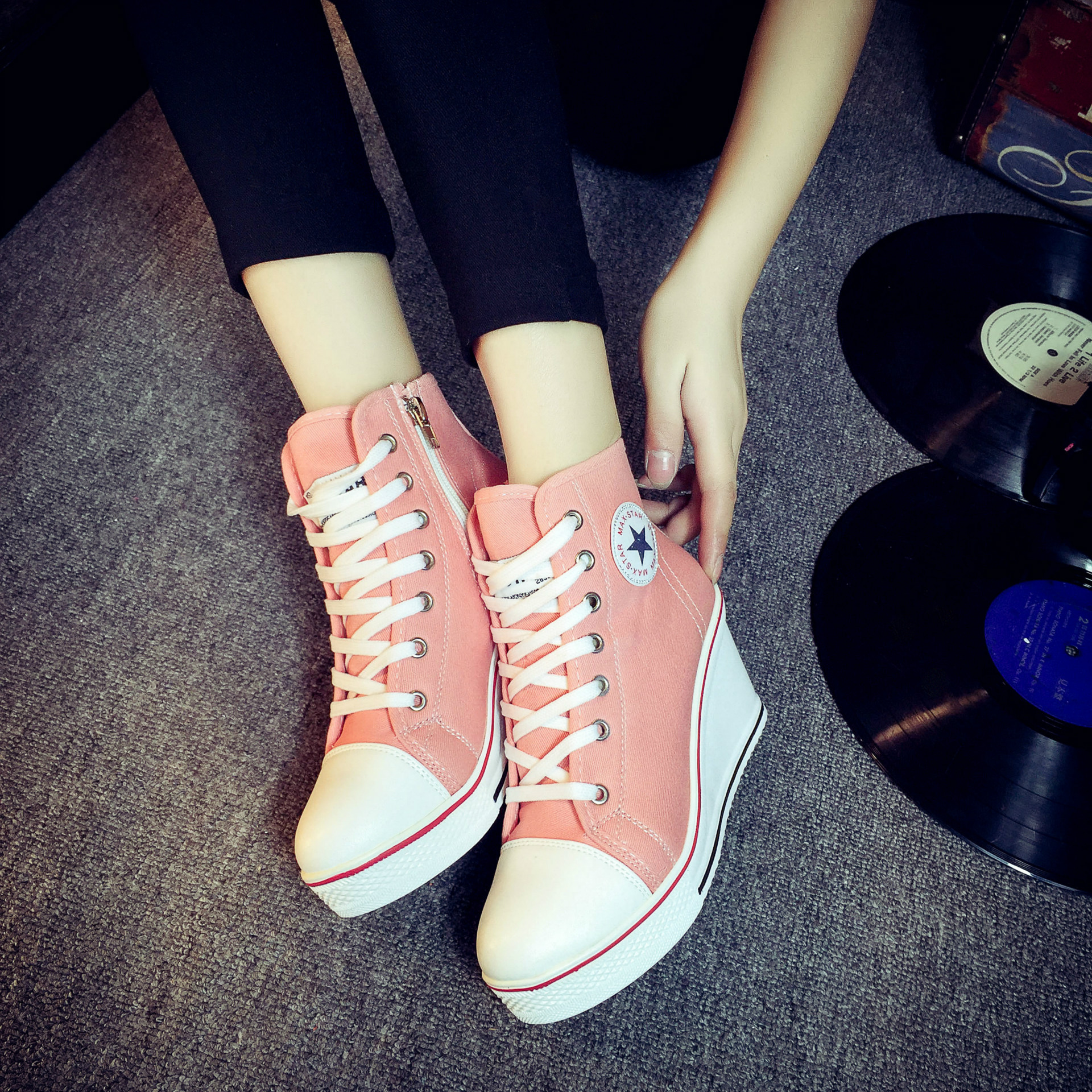 New style heel canvas shoes female 8 cm high heel Korean zipper zipper big size 40-43 leisure Women's shoes