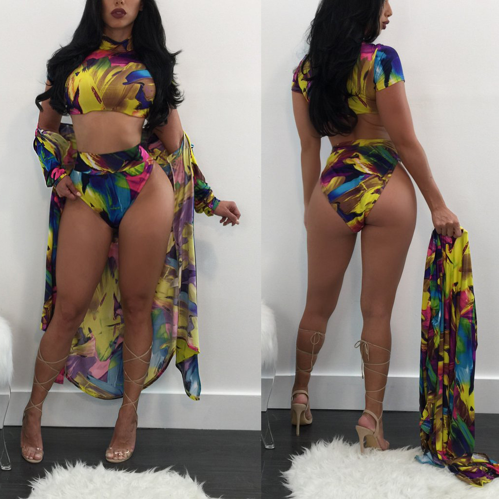 EBay Amazon fashion printing suit blouse + sunscreen bikinis swimsuits split 3 Piece Swimsuit