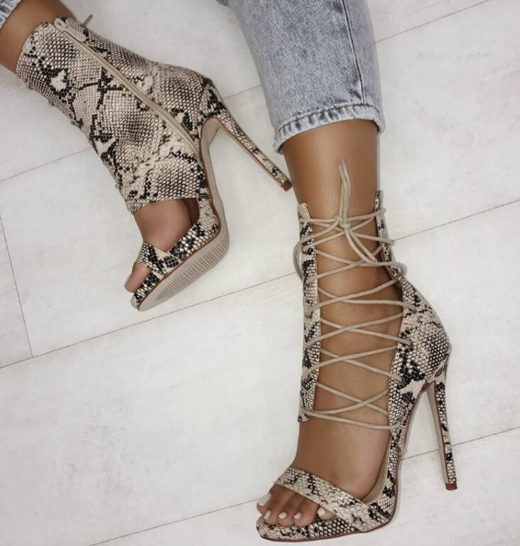 High-heeled cross straps hollow snakeskin boots sexy women's boots