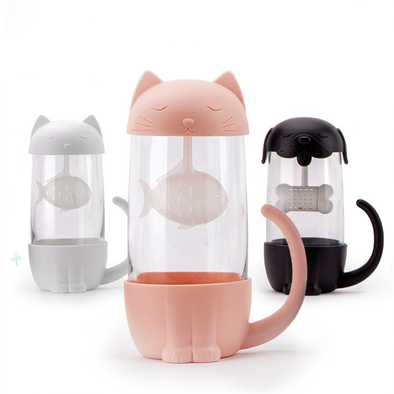 Cute Water Glass Cup Dog Cat Cartoon Tea Cups Mugs With Tea Infuser Milk Cup