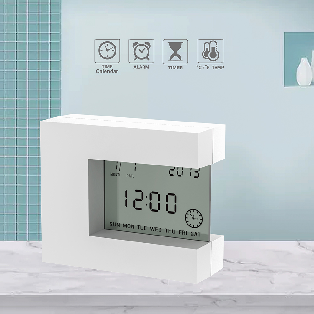 Electronic Square LCD Calendar Alarm Clock Digital Desk Watch White with Home Thermometer Count Down Timer Battery Operated