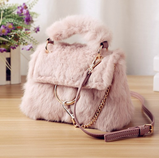 Simple And Versatile Portablepink Rabbit Hair Bag