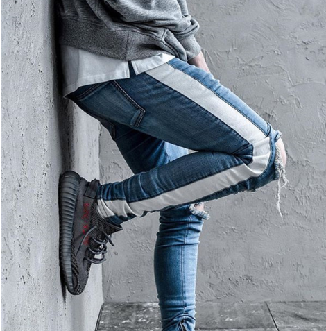 High Street Retro White Striped Knees Large Destroyed Holes Sole Slim Side Zippered Leg Jeans