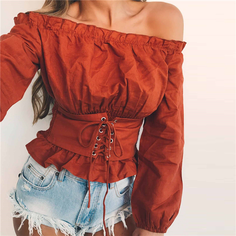 lace-up waist off shoulder long sleeved blouse
