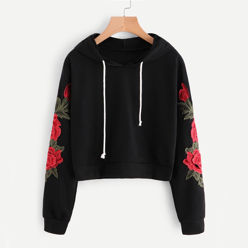 Embroidered Rose Applique Sleeve Hoodie 2021 Autumn Long Sleeve Casual Pullovers 2021 Women Black Sweatshirt