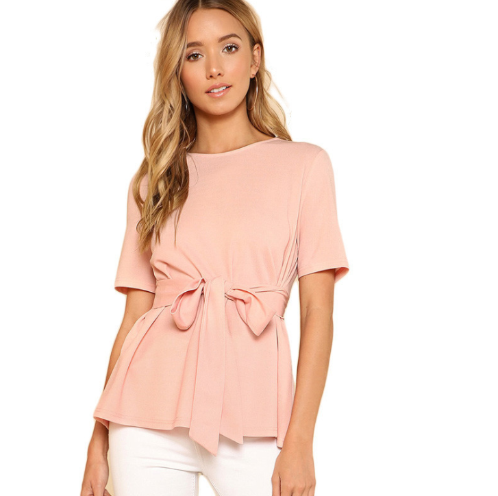 Sheinside  Self Belt Keyhole Back Blouse Solid Short Sleeve Top 2021 Summer Women Office Ladies Work Elegant Blouse