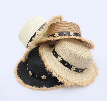 2021 Flat Top Hat Lady Straw Hat Chao Fan Leather Rope Decoration Summer Travel Fashion Little Rim Hat