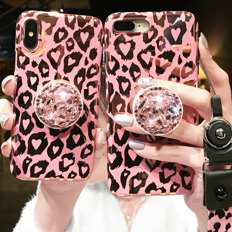 Compatible with Apple , Pink Rhinestone Leopard Phone Case