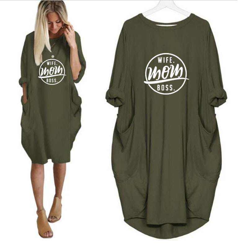 Casual loose pocket long sleeve print dress