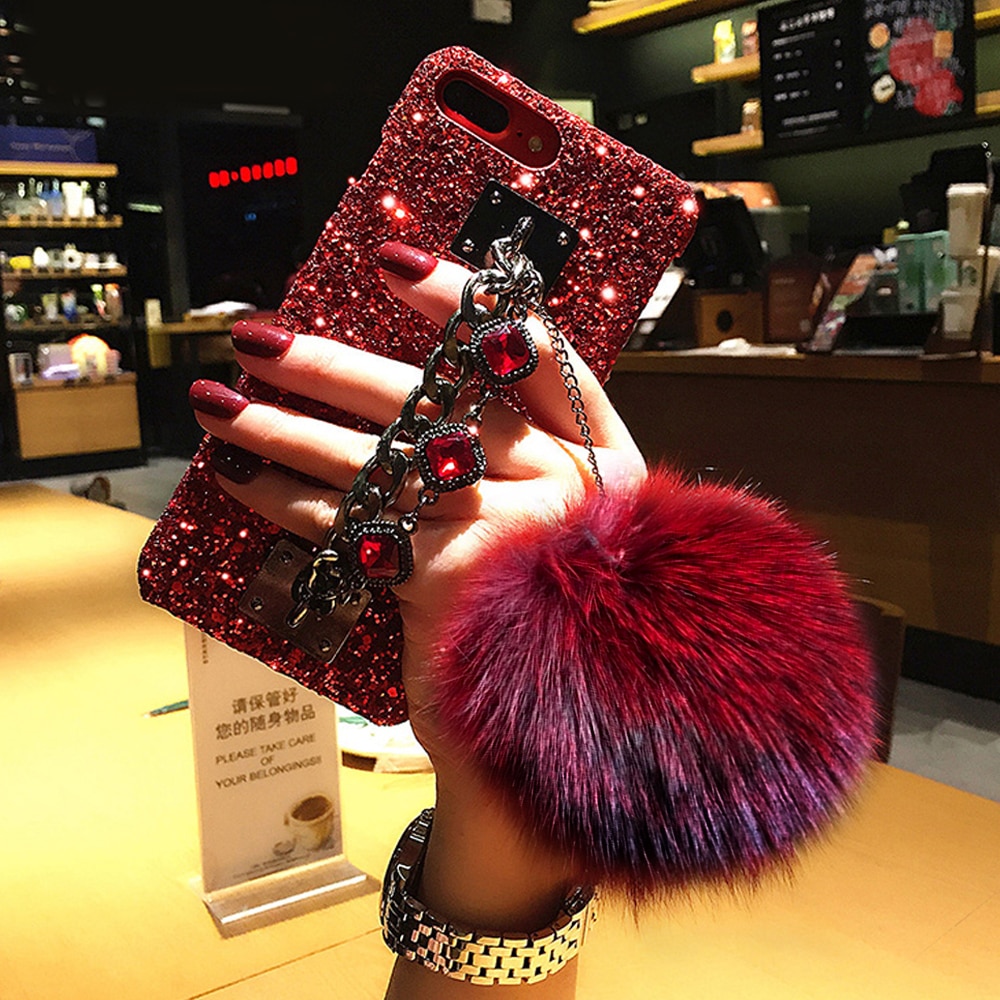 Compatible with Apple , Diamond hair ball bracelet phone case