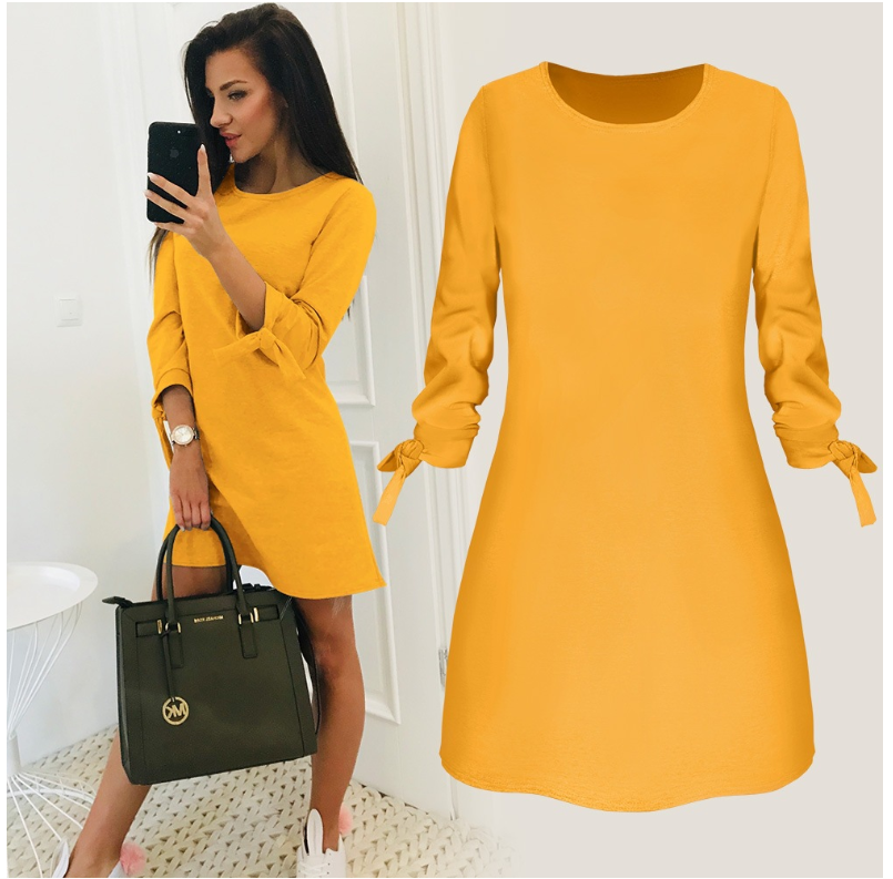 European and American solid color dress casual O-neck dress