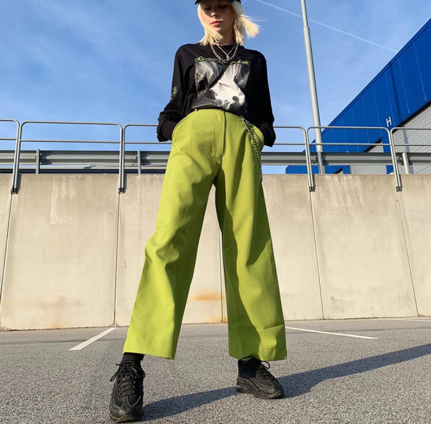 Wide leg pants female Europe and the United States 2021 summer hot metal chain decoration loose wild casual wide leg pants slim trousers