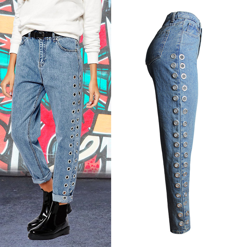Women's Street 2021 New Europe and America BF Wind High Waist Loose Pants Rivets Cutout Metallic Eyes Jeans