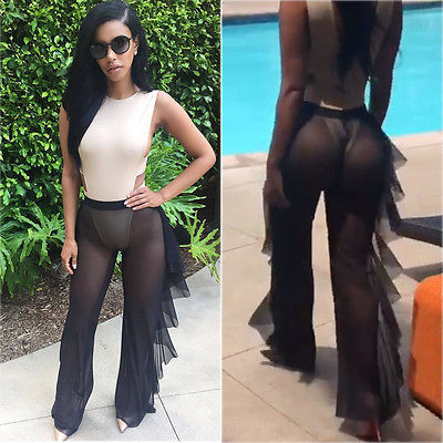 Europe and the United States large size nightclub sexy mesh ruffled quick-drying wide-leg pants