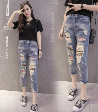 2021 summer new Korean version of the loose thin hole jeans women's cropped trousers bf  small feet harem pants tide