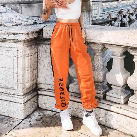 Gothic letter printing side ribbon high waist beam foot casual pants women