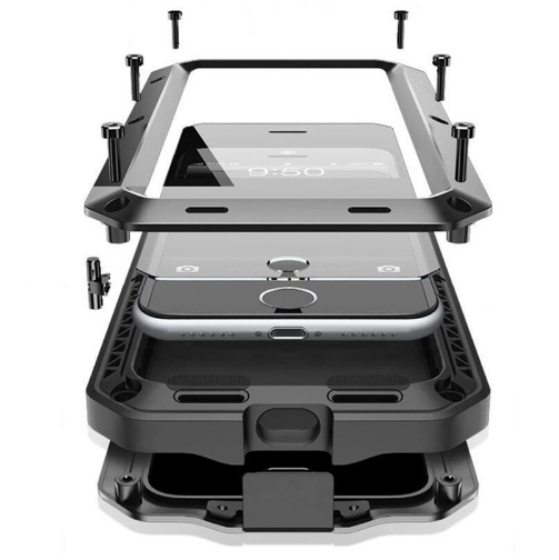 Compatible with Apple, R-JUST Luxury Doom Armor Heavy Anti Dirt Shockproof Metal Aluminum Phone cases For iphone X 8 7 5S 5 SE 6 6S Plus+Tempered glass