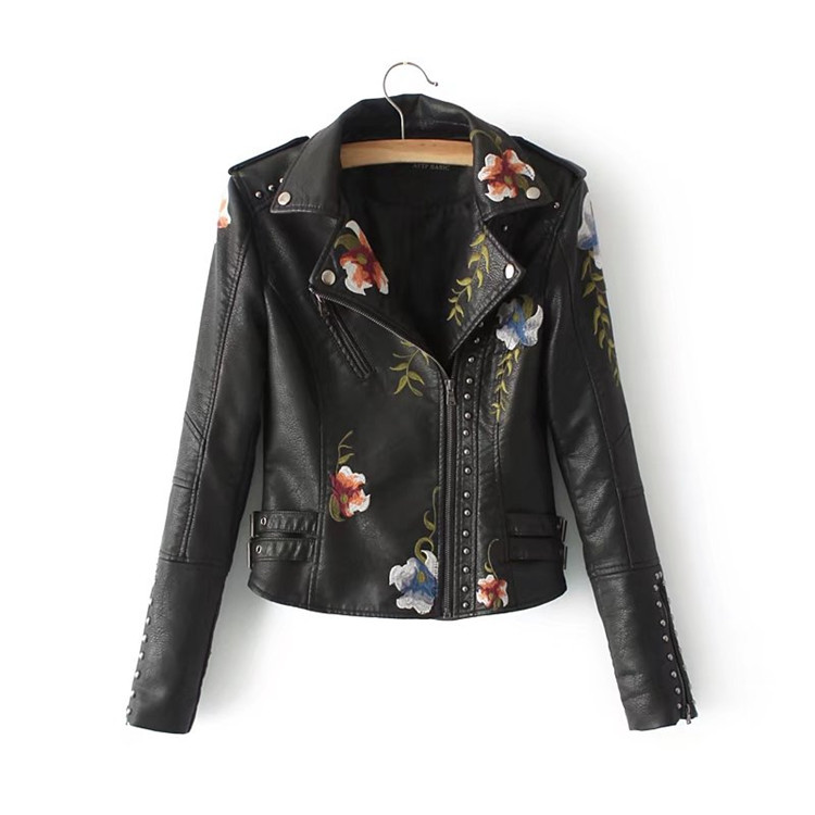 Embroidered rivet stitching coat motorcycle jacket slim short leather