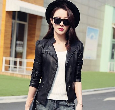 Leather female short PU leather jacket Ladies Motorcycle leather jacket collar oblique zipper PU washing small leather wholesale