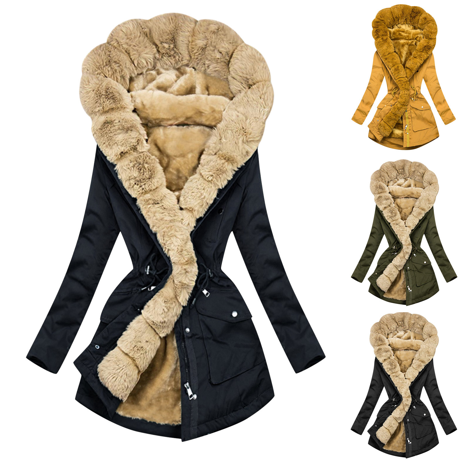 Women's thermal fur collar hooded coat trench coat